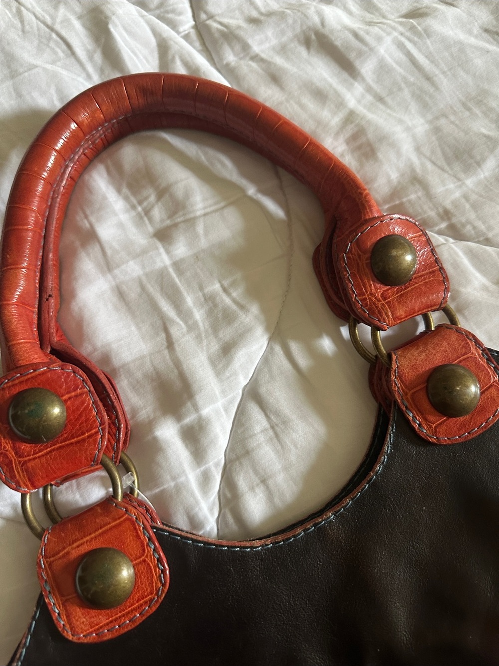 Women’s Brown Leather Tote with Orange Accent Handles - Picture 7 of 7